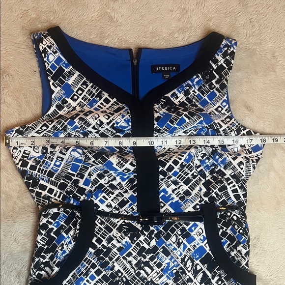 Jessica Abstract Blue and Black Dress with belt sz 10 Petite - Picture 8 of 14